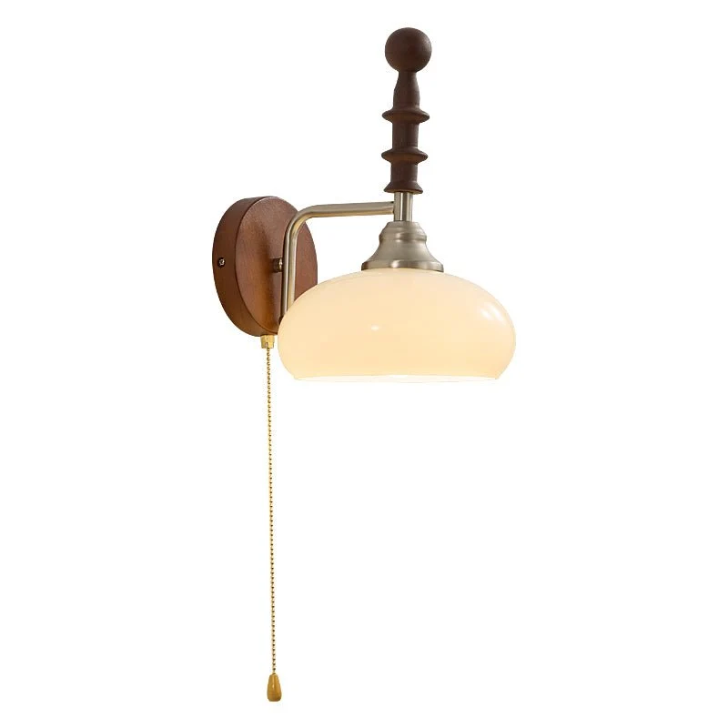 Vintage Wandlamp Met Trekkoord, Walnoot Houten Wandplaat En Opaalglazen Kap | Sansoti