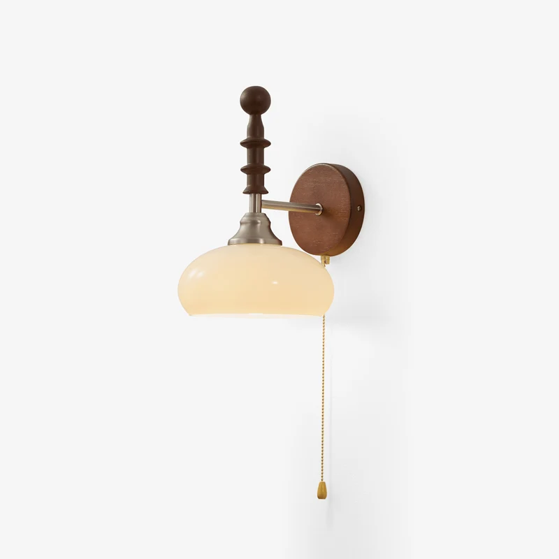 Vintage Wandlamp Met Trekkoord, Walnoot Houten Wandplaat En Opaalglazen Kap | Sansoti