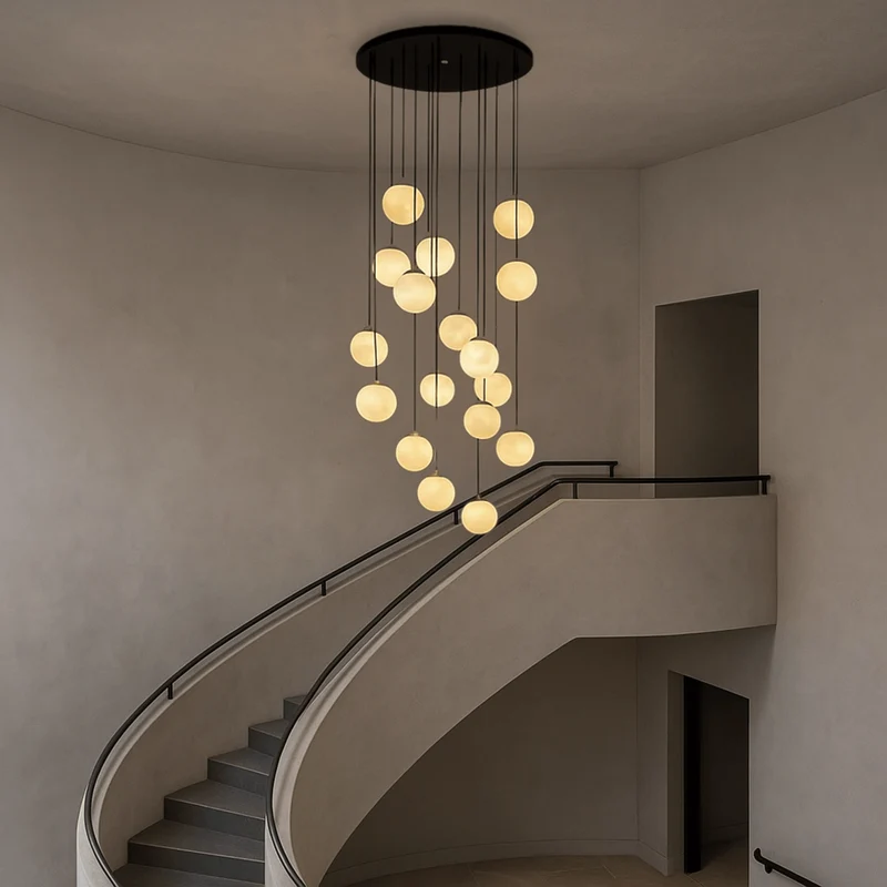 Trappenhuis Kroonluchter Metaal Meerdere Glazen Bollen Verstelbaar 3 tot 18 Lichtpunten Dimbaar Modern | Sansoti