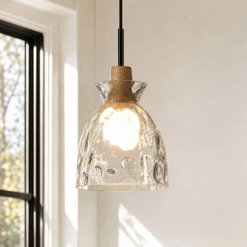 Glazen Hanglamp met Geslepen Koepel en Houten Accenten – Rustieke Eethoekverlichting | Sansoti