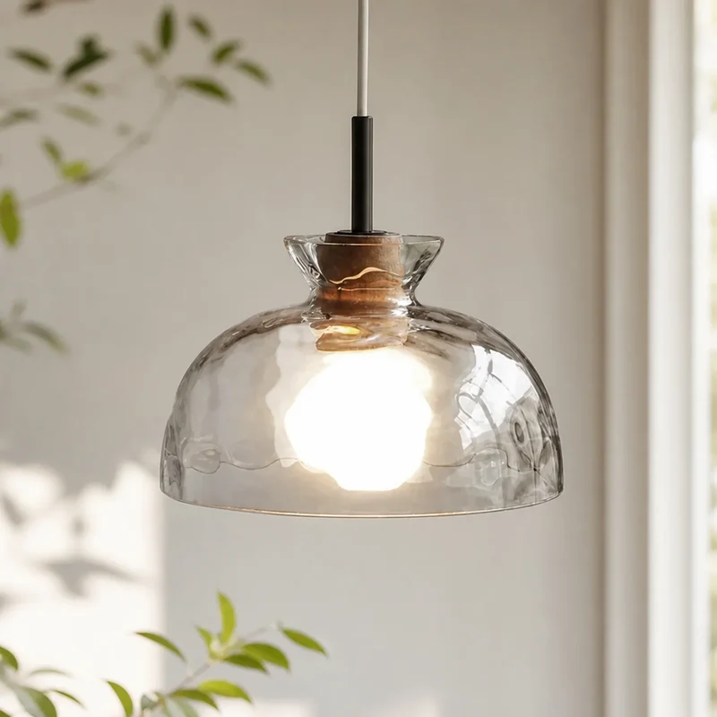 Glazen Hanglamp met Geslepen Koepel en Houten Accenten – Rustieke Eethoekverlichting | Sansoti
