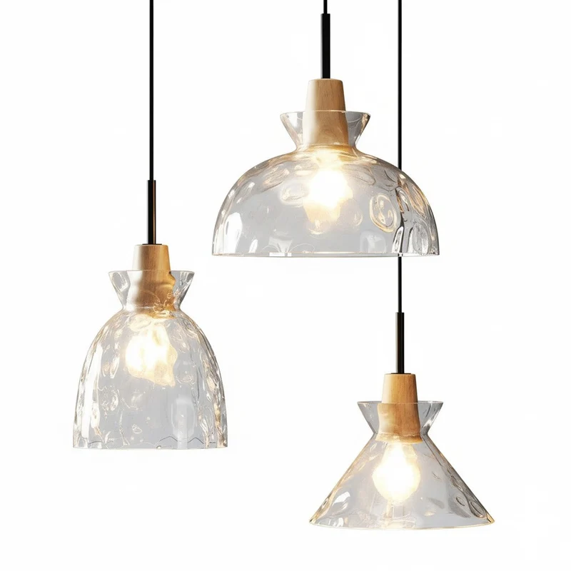 Glazen Hanglamp met Geslepen Koepel en Houten Accenten – Rustieke Eethoekverlichting | Sansoti