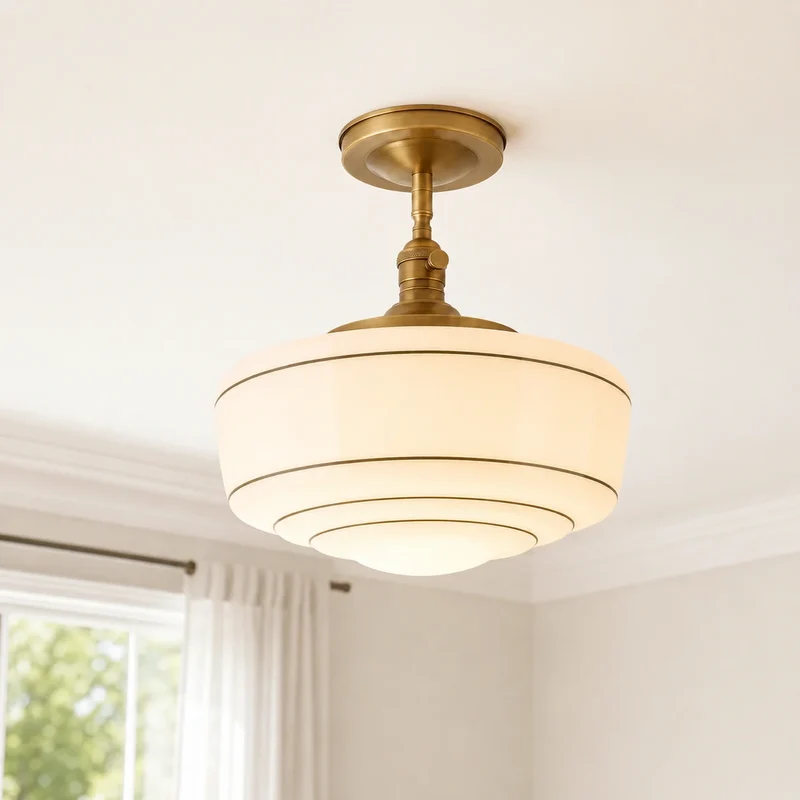 Ronde Plafondlamp met Gestreepte Glazen Kap en Messing Fitting – Scandinavische Flush Mount Verlichting | Sansoti