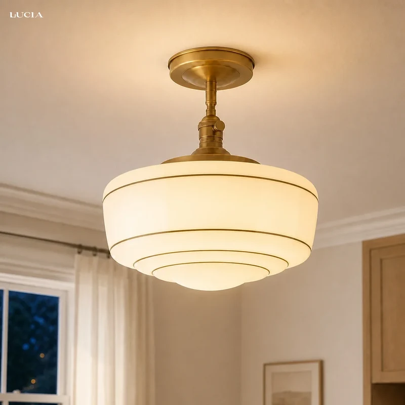 Ronde Plafondlamp met Gestreepte Glazen Kap en Messing Fitting – Scandinavische Flush Mount Verlichting | Sansoti