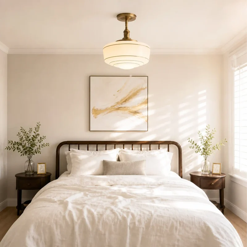 Ronde Plafondlamp met Gestreepte Glazen Kap en Messing Fitting – Scandinavische Flush Mount Verlichting | Sansoti