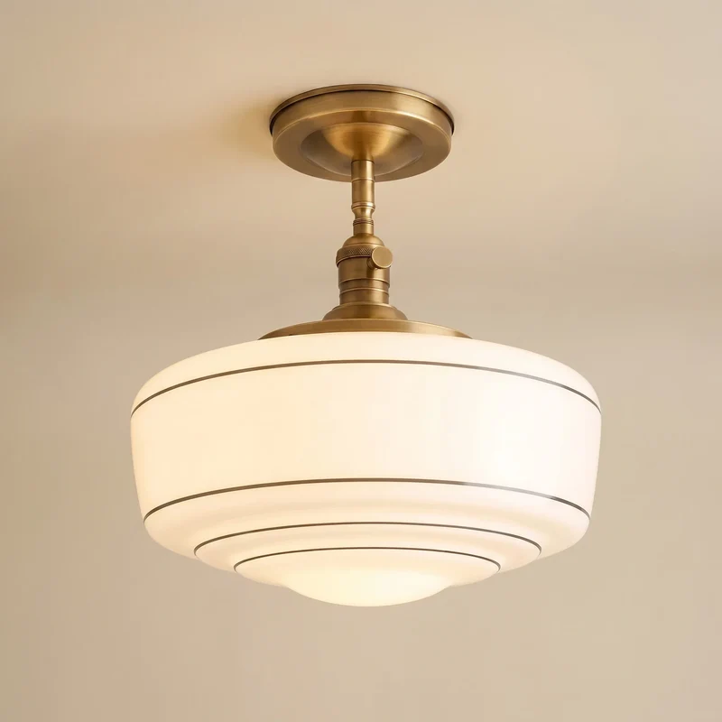 Ronde Plafondlamp met Gestreepte Glazen Kap en Messing Fitting – Scandinavische Flush Mount Verlichting | Sansoti