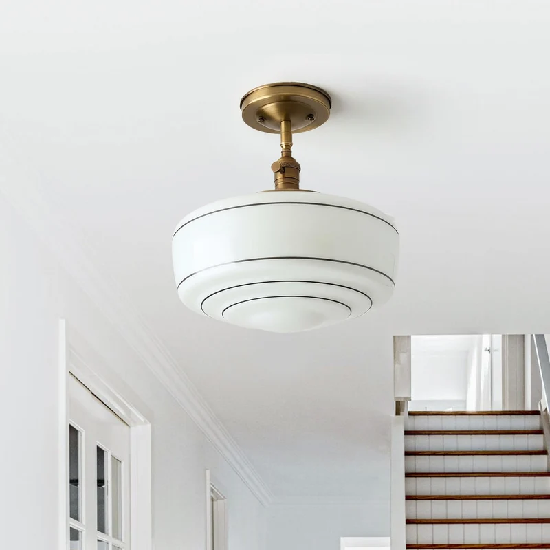 Ronde Plafondlamp met Gestreepte Glazen Kap en Messing Fitting – Scandinavische Flush Mount Verlichting | Sansoti