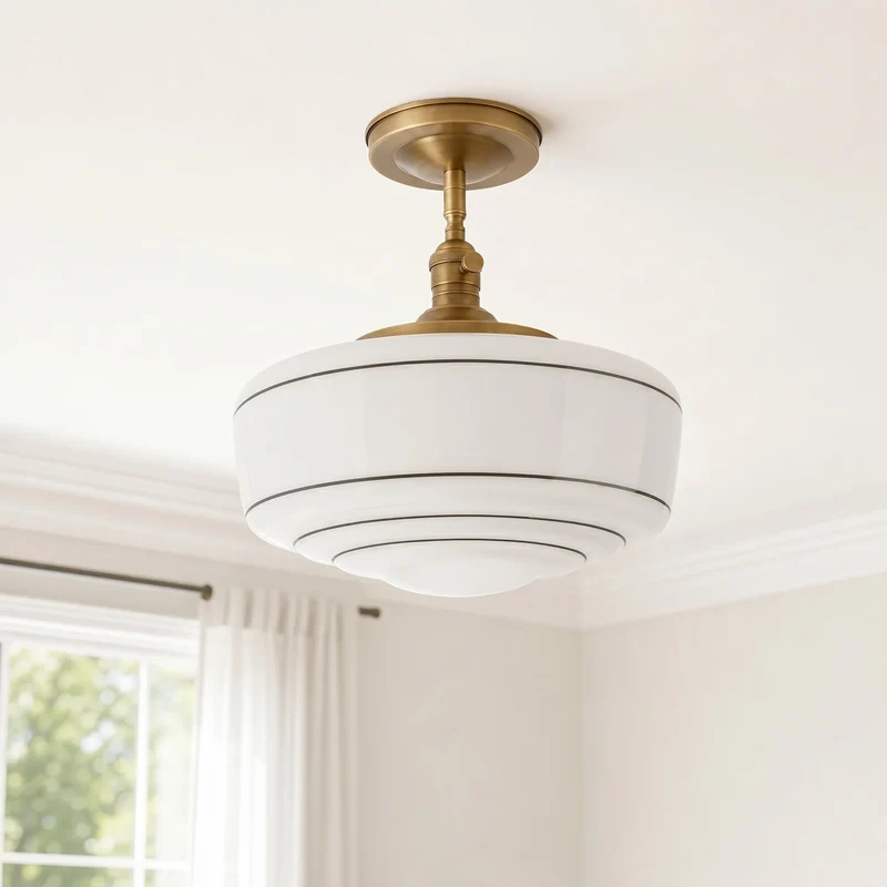 Ronde Plafondlamp met Gestreepte Glazen Kap en Messing Fitting – Scandinavische Flush Mount Verlichting | Sansoti