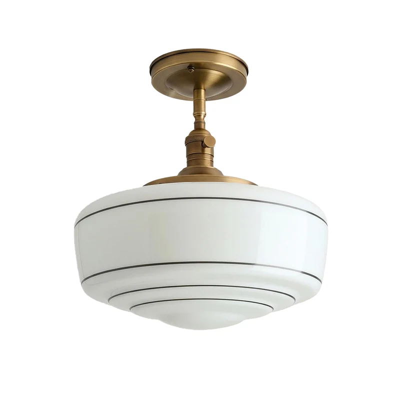 Ronde Plafondlamp met Gestreepte Glazen Kap en Messing Fitting – Scandinavische Flush Mount Verlichting | Sansoti