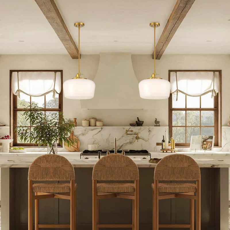 Hanglamp met Opaal Wit Glazen Kap en Antique Brass Fitting – 3-Lichts Hangverlichting voor Keukeneiland Eetkamer Woonkamer Scandinavisch Interieur | Sansoti