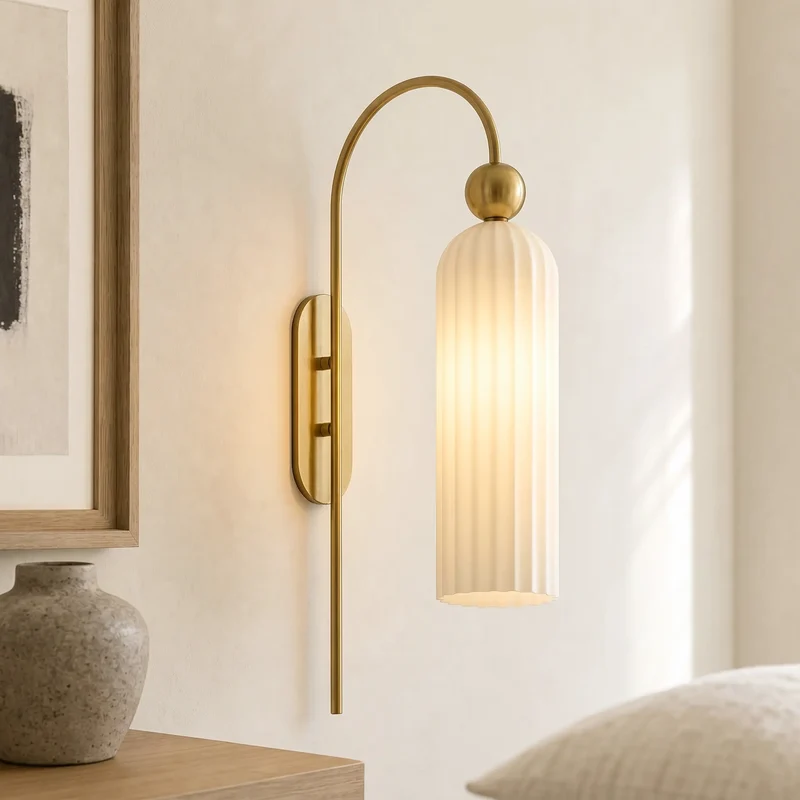 Geribbelde Glazen Wandlamp Cilindervorm met Gouden Fitting voor Gang, Slaapkamer, Woonkamer | Sansoti