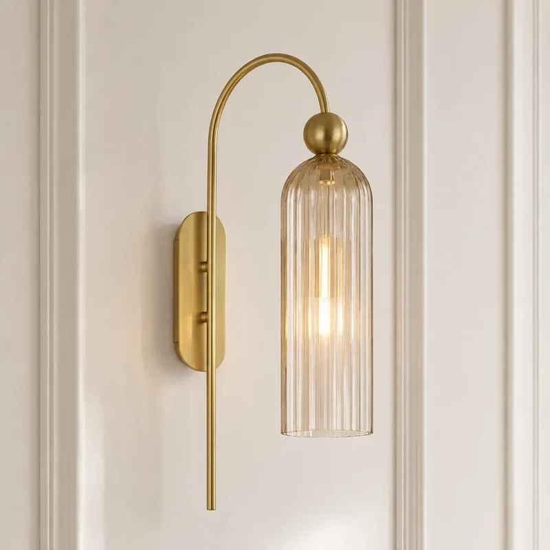 Geribbelde Glazen Wandlamp Cilindervorm met Gouden Fitting voor Gang, Slaapkamer, Woonkamer | Sansoti