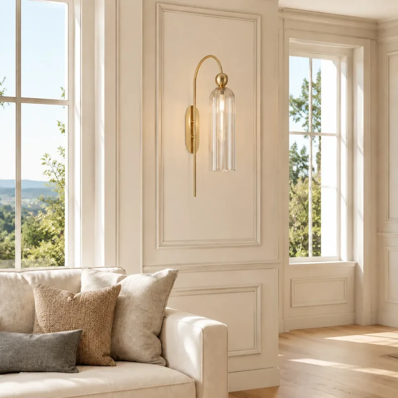 Geribbelde Glazen Wandlamp Cilindervorm met Gouden Fitting voor Gang, Slaapkamer, Woonkamer | Sansoti