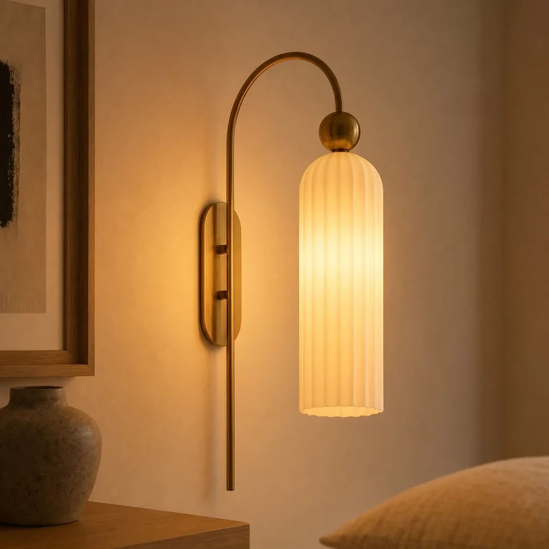 Geribbelde Glazen Wandlamp Cilindervorm met Gouden Fitting voor Gang, Slaapkamer, Woonkamer | Sansoti