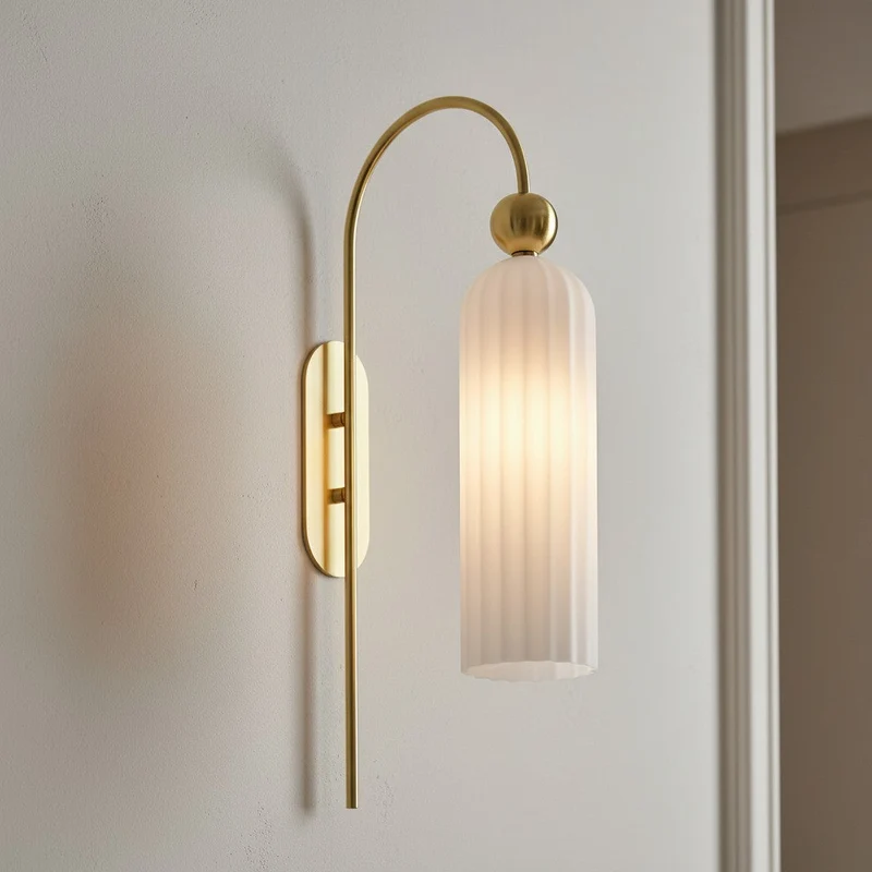 Geribbelde Glazen Wandlamp Cilindervorm met Gouden Fitting voor Gang, Slaapkamer, Woonkamer | Sansoti