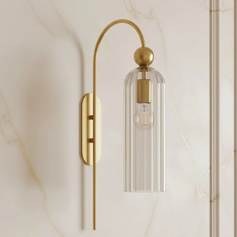 Geribbelde Glazen Wandlamp Cilindervorm met Gouden Fitting voor Gang, Slaapkamer, Woonkamer | Sansoti