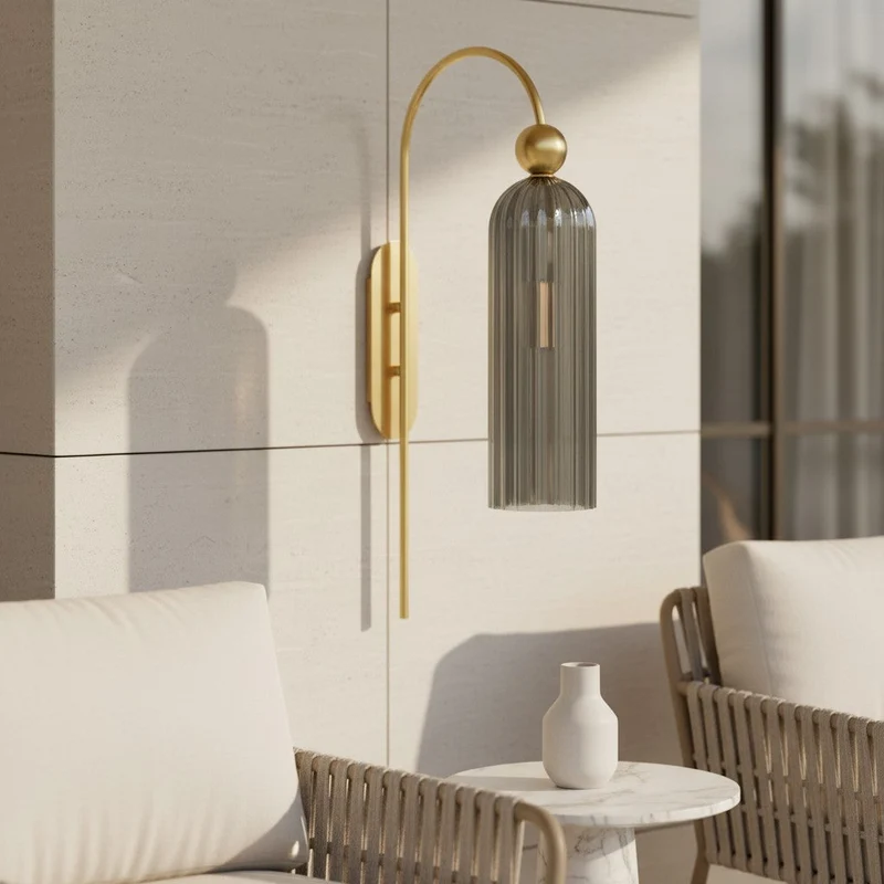 Geribbelde Glazen Wandlamp Cilindervorm met Gouden Fitting voor Gang, Slaapkamer, Woonkamer | Sansoti
