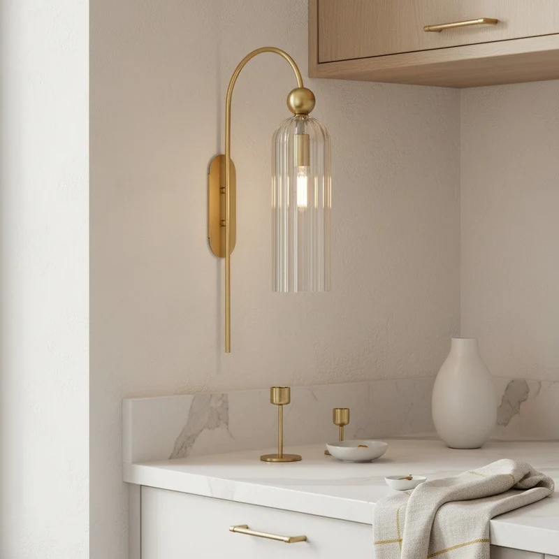 Geribbelde Glazen Wandlamp Cilindervorm met Gouden Fitting voor Gang, Slaapkamer, Woonkamer | Sansoti