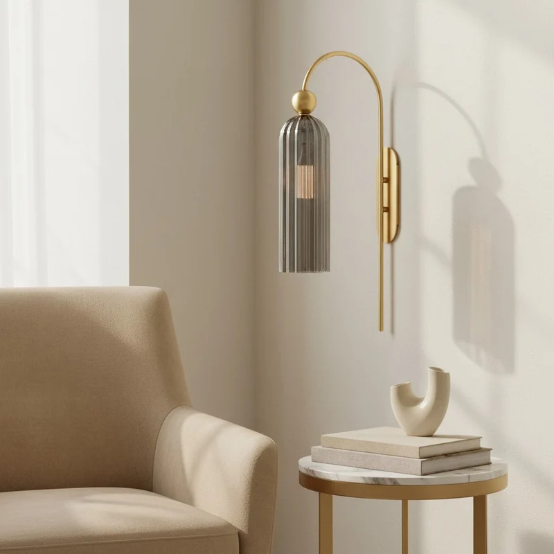 Geribbelde Glazen Wandlamp Cilindervorm met Gouden Fitting voor Gang, Slaapkamer, Woonkamer | Sansoti