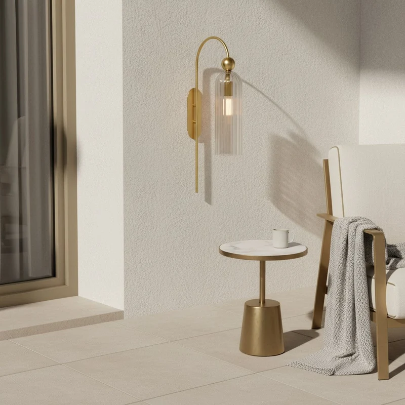 Geribbelde Glazen Wandlamp Cilindervorm met Gouden Fitting voor Gang, Slaapkamer, Woonkamer | Sansoti