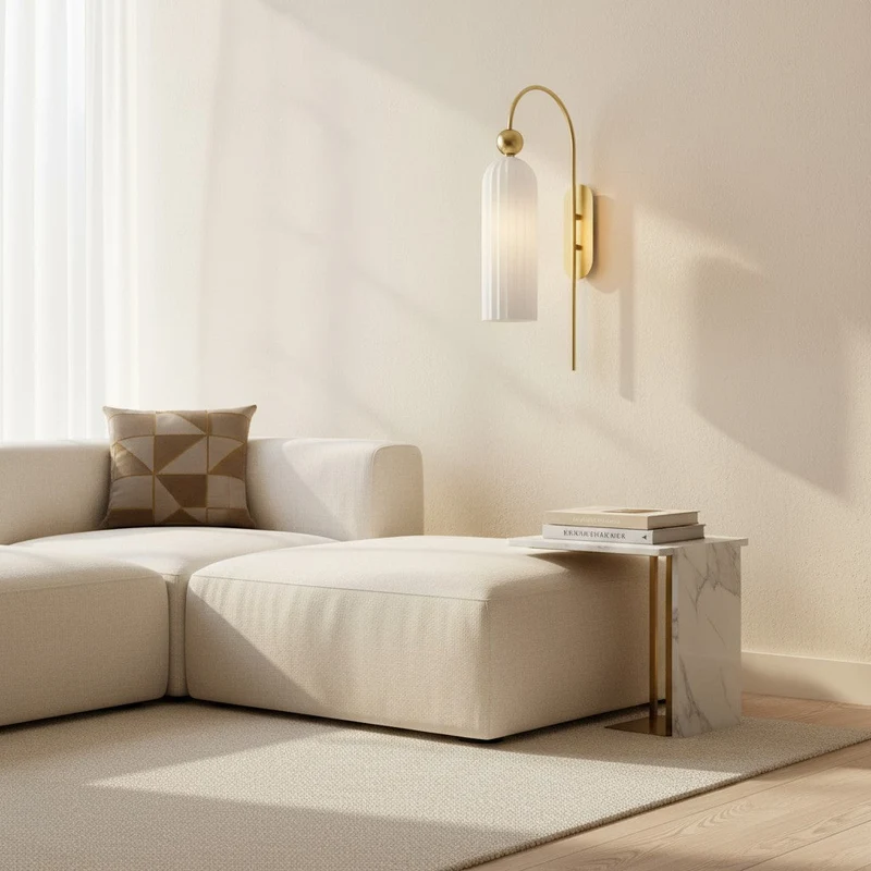 Geribbelde Glazen Wandlamp Cilindervorm met Gouden Fitting voor Gang, Slaapkamer, Woonkamer | Sansoti