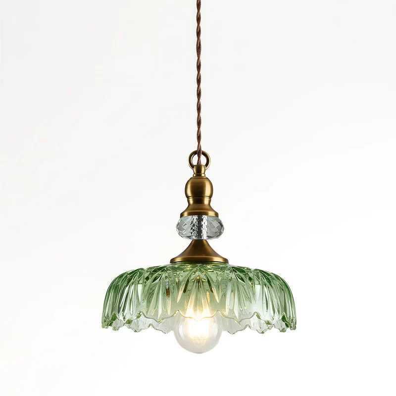 Vintage Hanglamp Glas Messing Bloemmotief Groen Zwart | Sansoti