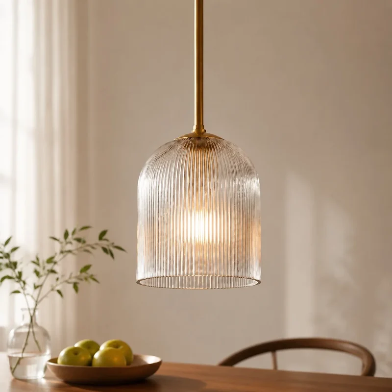 Geribbelde Glazen Hanglamp met Koperen Finish – Landelijke Stijl Verlichting | Sansoti