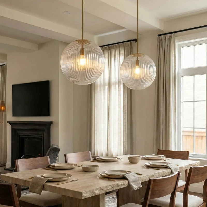 Geribbelde Glazen Hanglamp met Koperen Finish – Landelijke Stijl Verlichting | Sansoti