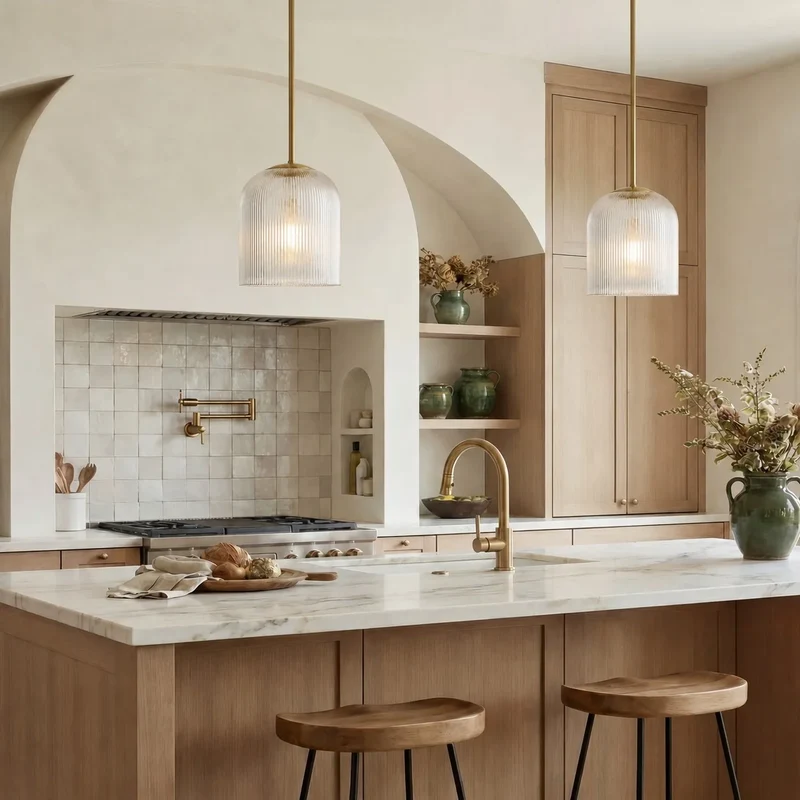 Geribbelde Glazen Hanglamp met Koperen Finish – Landelijke Stijl Verlichting | Sansoti