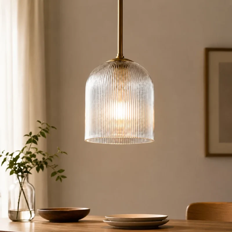 Geribbelde Glazen Hanglamp met Koperen Finish – Landelijke Stijl Verlichting | Sansoti