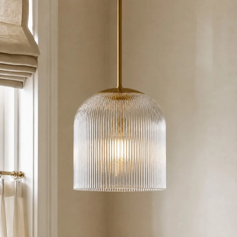 Geribbelde Glazen Hanglamp met Koperen Finish – Landelijke Stijl Verlichting | Sansoti