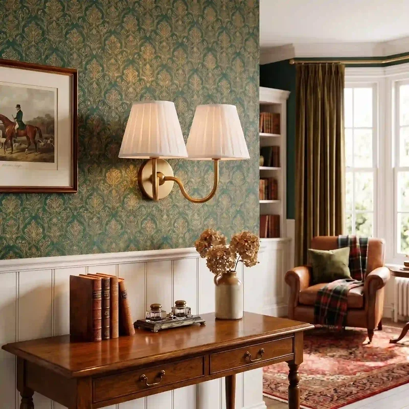 Wandlamp met Plissé Kap – Klassieke Wandverlichting Metaal & Linnen Landelijk Slaapkamer Hal Leeshoek Huis Interieur | Sansoti