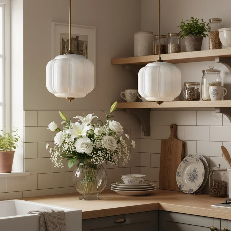 Vintage Melkglas Hanglamp met Messing Armatuur – Klassiek Retro Design voor Eetkamer, Hal & Leeshoek | Sansoti