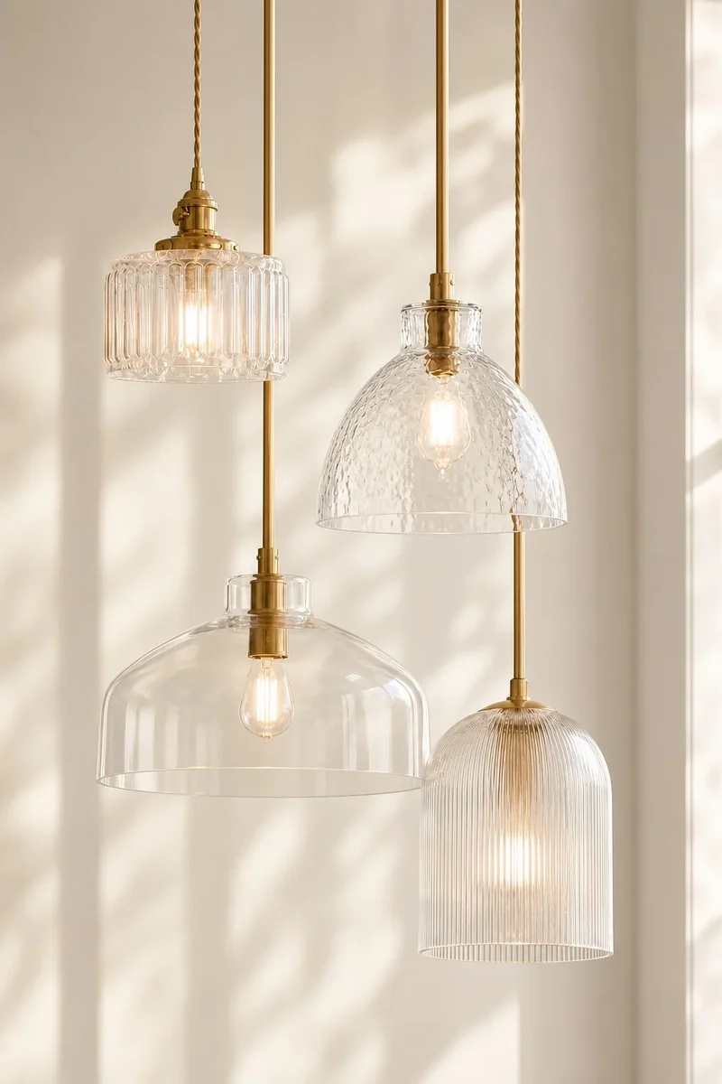 Geslepen Glazen Hanglamp Farmhouse Stijl – Amber of Helder Glas – Messing, Zwart of Nikkel Afwerking | Sansoti