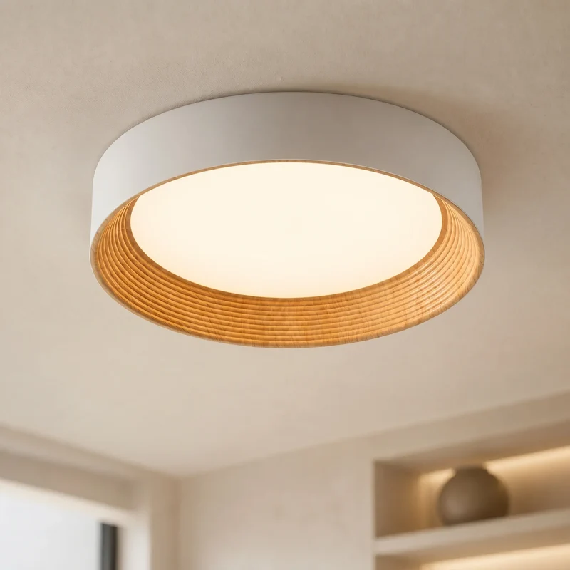 Houten Plafonnière Rond LED Warm Licht – Plafondlamp voor Woonkamer en Eetkamer – Opbouw Plafondverlichting met Houten Rand | Sansoti
