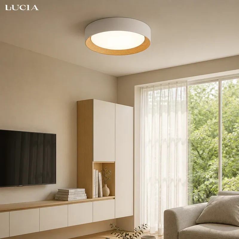 Houten Plafonnière Rond LED Warm Licht – Plafondlamp voor Woonkamer en Eetkamer – Opbouw Plafondverlichting met Houten Rand | Sansoti