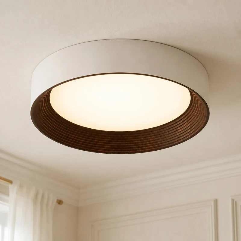 Houten Plafonnière Rond LED Warm Licht – Plafondlamp voor Woonkamer en Eetkamer – Opbouw Plafondverlichting met Houten Rand | Sansoti