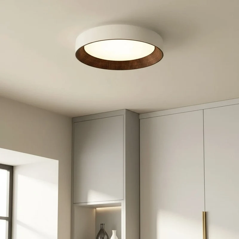 Houten Plafonnière Rond LED Warm Licht – Plafondlamp voor Woonkamer en Eetkamer – Opbouw Plafondverlichting met Houten Rand | Sansoti