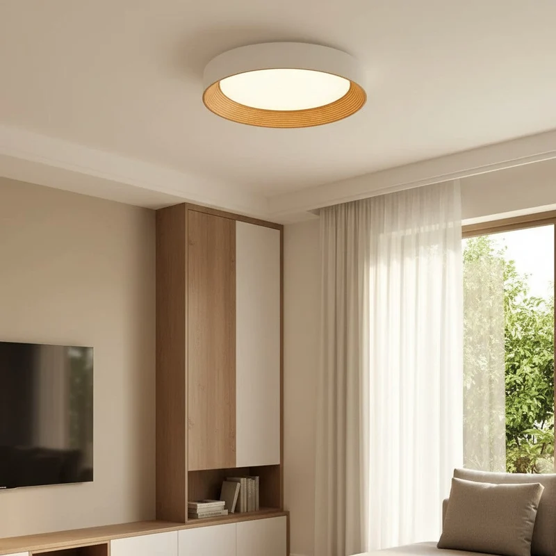 Houten Plafonnière Rond LED Warm Licht – Plafondlamp voor Woonkamer en Eetkamer – Opbouw Plafondverlichting met Houten Rand | Sansoti