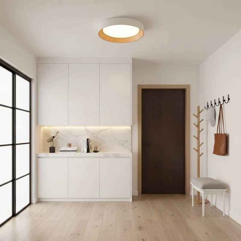 Houten Plafonnière Rond LED Warm Licht – Plafondlamp voor Woonkamer en Eetkamer – Opbouw Plafondverlichting met Houten Rand | Sansoti