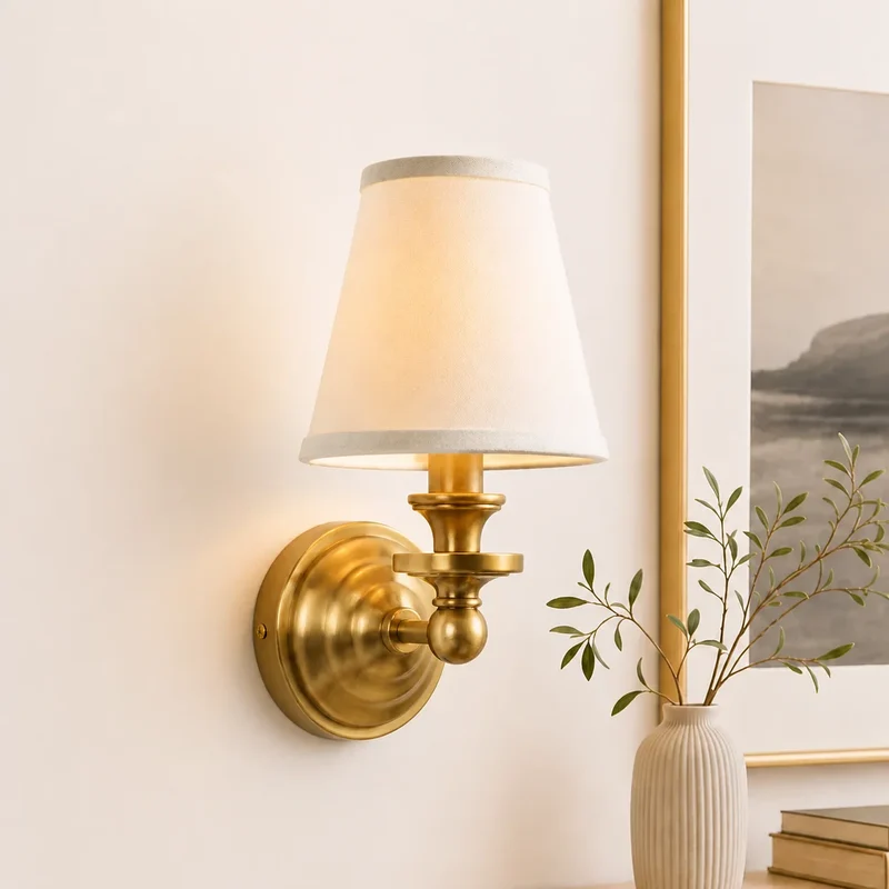 Vintage Wandlamp met Linnen Kap en Messing Armatuur – Retro Design voor Slaapkamer en Woonkamer | Sansoti