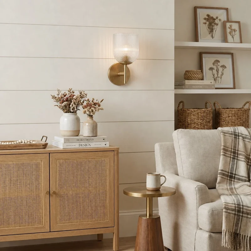Wandlamp met geribbeld glas en koperen finish voor hal, slaapkamer en badkamer | Sansoti
