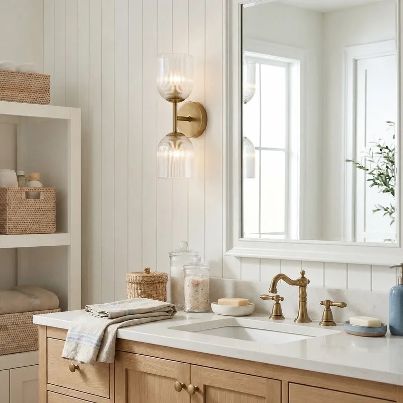 Wandlamp met geribbeld glas en koperen finish voor hal, slaapkamer en badkamer | Sansoti