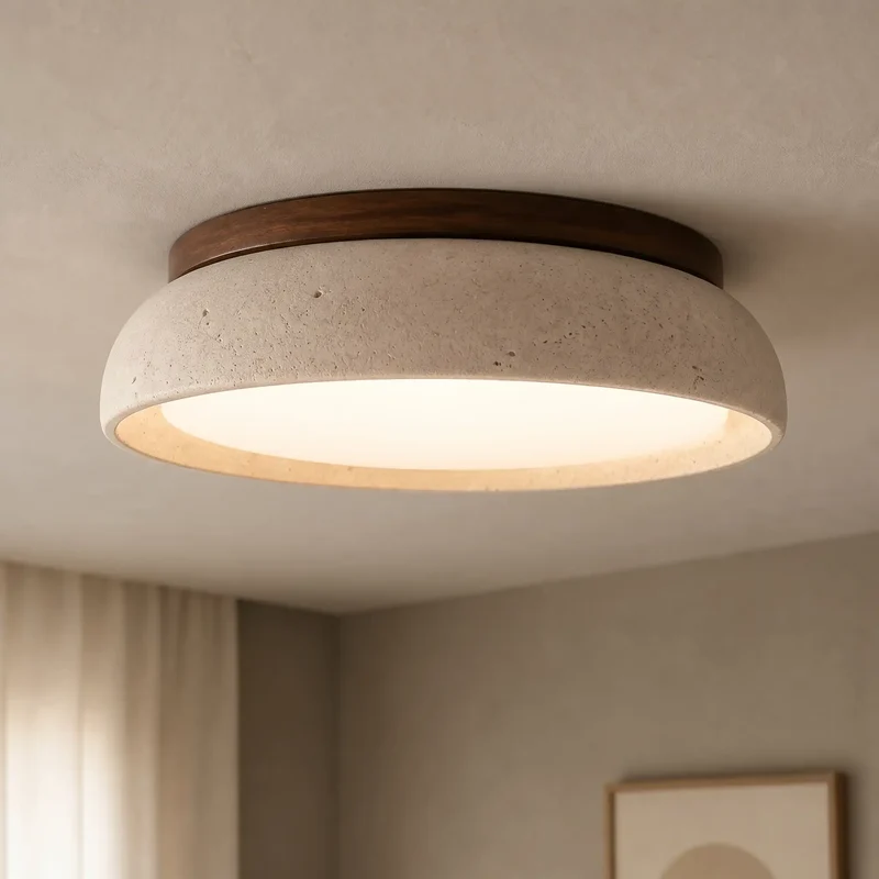 Scandinavische Plafondlamp Travertijn met Houtaccent — Moderne Ronde Opbouwspot Natuursteen en Acryl Inbouw LED Verlichting Warm Wit 3000K Slaapkamer Gang Entree Woonkamer — Ø 30 cm × H 7 cm | Sansoti