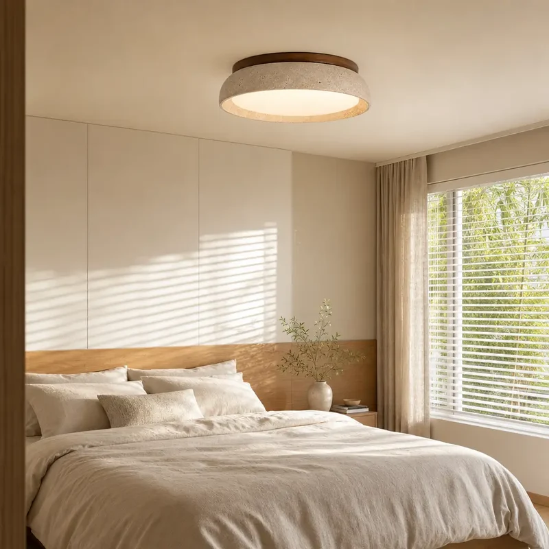 Scandinavische Plafondlamp Travertijn met Houtaccent — Moderne Ronde Opbouwspot Natuursteen en Acryl Inbouw LED Verlichting Warm Wit 3000K Slaapkamer Gang Entree Woonkamer — Ø 30 cm × H 7 cm | Sansoti
