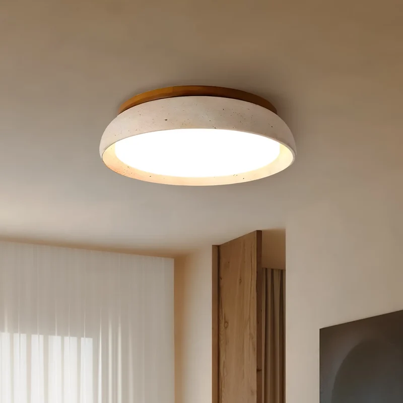 Scandinavische Plafondlamp Travertijn met Houtaccent — Moderne Ronde Opbouwspot Natuursteen en Acryl Inbouw LED Verlichting Warm Wit 3000K Slaapkamer Gang Entree Woonkamer — Ø 30 cm × H 7 cm | Sansoti