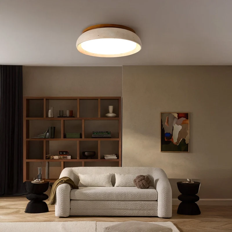 Scandinavische Plafondlamp Travertijn met Houtaccent — Moderne Ronde Opbouwspot Natuursteen en Acryl Inbouw LED Verlichting Warm Wit 3000K Slaapkamer Gang Entree Woonkamer — Ø 30 cm × H 7 cm | Sansoti