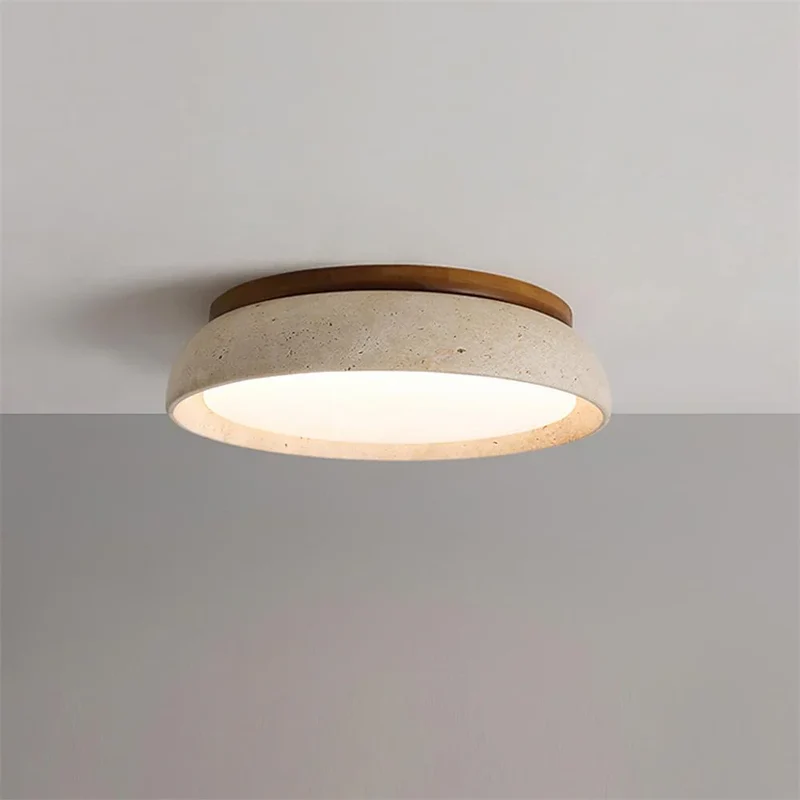 Scandinavische Plafondlamp Travertijn met Houtaccent — Moderne Ronde Opbouwspot Natuursteen en Acryl Inbouw LED Verlichting Warm Wit 3000K Slaapkamer Gang Entree Woonkamer — Ø 30 cm × H 7 cm | Sansoti