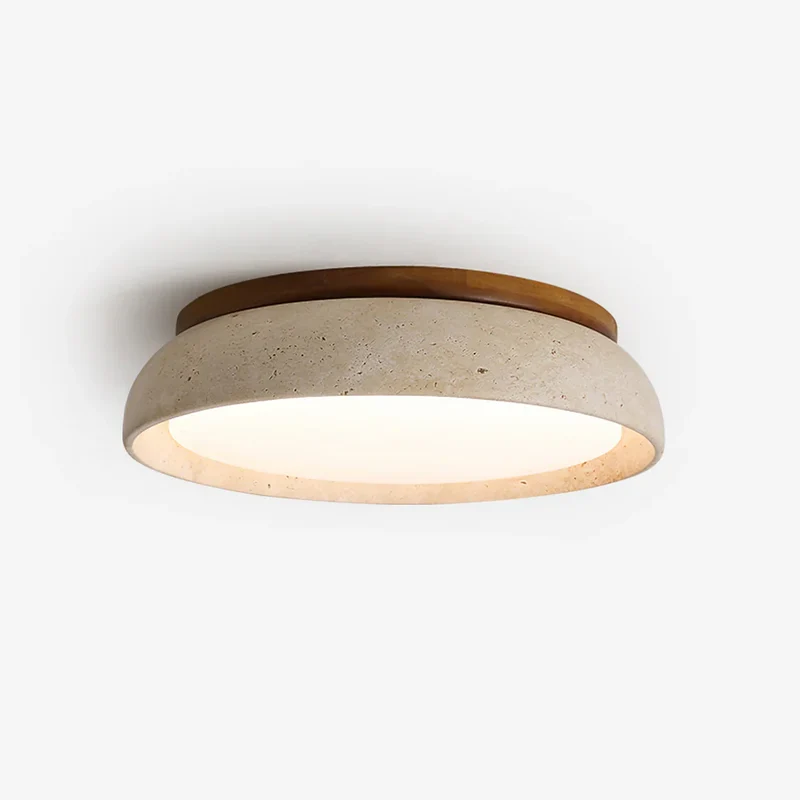Scandinavische Plafondlamp Travertijn met Houtaccent — Moderne Ronde Opbouwspot Natuursteen en Acryl Inbouw LED Verlichting Warm Wit 3000K Slaapkamer Gang Entree Woonkamer — Ø 30 cm × H 7 cm | Sansoti