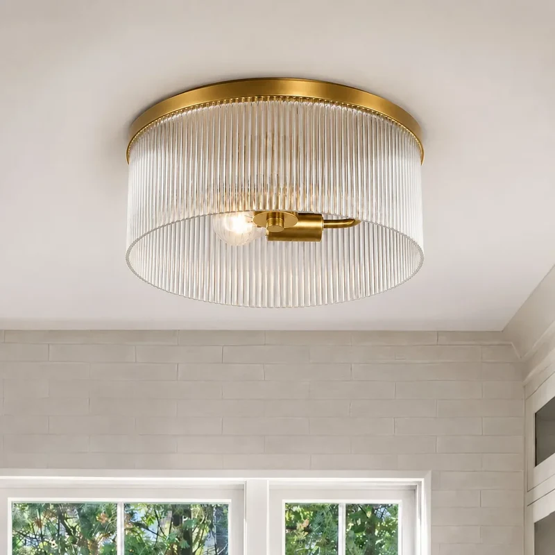 Ronde Plafondlamp met Geribbeld Glas en Landelijke Afwerking – Warm Sfeerlicht voor Lage Plafonds | Sansoti